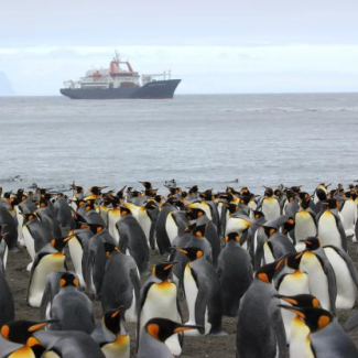 Le Marion Dufresne mouillant à l'île de la Possession, archipel de Crozet dans l'océan Indien Sud. © LSCE/IPSL, Alain Mazaud[...]