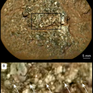 A : Gros plan sur un conglomérat martien nommé Link obtenu par l'instrument ChemCam qui possède un imageur couplé au laser. La couleur a été obtenue
par superposition d'une image couleur Mastcam.
Le rectangle au centre indique la zone agrandie en B sur laquelles les flèches indiquent les zones pointées par le laser (non visible sur l'image). Crédits : NASA/JPL-Caltech/LANL/CNES/IRAP/LPGNantes/CNRS/IAS/MSSS[...]