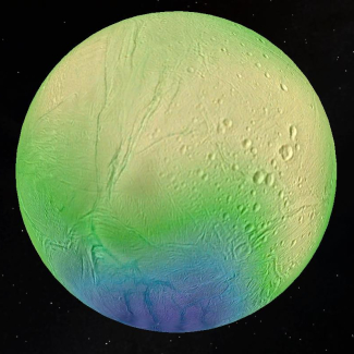 Figure représentant l’épaisseur de la couche de glace d’Encelade, atteignant 35 kilomètres dans les zones équatoriales cratérisées (couleur jaune) et moins de 5 kilomètres au niveau de la zone active du pôle Sud (couleur bleu). Crédits : LPG-CNRS-U. Nantes/U. Charles, Prague.[...]