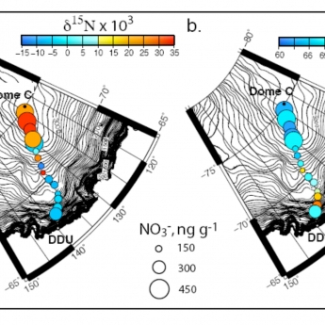Évolution de la composition isotopique du nitrate et de l'oxygène le long de l’axe Dumont d’Urville (DDU) - Dôme C. Un changement radical du rapport 15N/14N (δ15N) du nitrate de la neige (Figure a) apparaît nettement lorsque l’on atteint le plateau continental. Ce changement de composition isotopique est directement lié aux phénomènes de perte du nitrate de la neige. © LGGE, Joël Savarino[...]