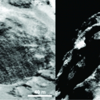 Exemple de trou circulaire observé sur le noyau de la comète 67P. L’augmentation du contraste révèle la présence d'activité. Image prise par la caméra OSIRIS-NAC le 28 août 2014 depuis une distance de 60 km, avec une résolution spatiale de 1 m/pixel.
© ESA/Rosetta/MPS for OSIRIS Team MPS/UPD/LAM/IAA/SSO/INTA/UPM/DASP/IDA[...]