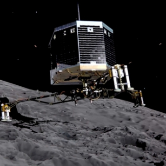 Illustration de l’atterrissage de Philae sur le noyau de la comète 67P le mercredi 12 novembre 2014. Crédits : ESA/ATG medialab.[...]
