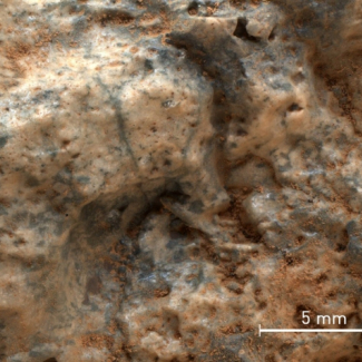 Image prise par l’instrument MaHLI (Mars Hand Lens Imager) de Curiosity. Cet échantillon rocheux est dominé par de gros cristaux roses nacrés (des feldspaths), dans lesquels sont inclus des cristaux de quartz plus petits (en gris). 
Crédit : NASA/JPL-Caltech/MSSS
[...]