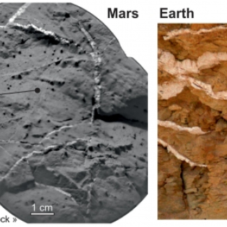 Cette série d'images montre la similitude des veines riches en sulfate vues sur Mars par le rover Curiosity et celles présentes sur Terre. Crédit image: NASA / JPL-Caltech / LANL / CNES / PARI / LPGNantes / CNRS / LGLyon / Planet-Terre/ IAS[...]