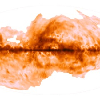Le champ magnétique de la Voie Lactée vu par le satellite Planck. Les régions les plus sombres correspondent à une émission polarisée plus forte et les stries indiquent la direction du champ magnétique projeté sur le plan du ciel. 
© ESA/collaboration Planck[...]