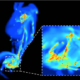 Figure 1 : Simulation d'une rencontre de deux galaxies. La simulation montre la déformation des galaxies après leur première rencontre (à gauche). Les simulations à haute résolution permettent de conserver les plus fins détails : sur le zoom (à droite) est représentée la densité du gaz. Les étoiles se forment dans les régions denses (en jaune et rouge) sous l'effet d'un processus de « turbulence compressive ». La formation d'étoiles y est plus efficace que dans la Voie Lactée.
© CEA-SAp[...]