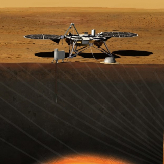 Vue d'artiste du rover de la mission InSight sur Mars.

© JPL/NASA.[...]