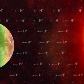 Illustration du vent solaire transportant les ions hydrogène H+. Un des scénarios possible pour expliquer l'hydratation de la surface de la Lune est que, durant la journée, quand la Lune est exposée au vent solaire, les ions hydrogène libèrent l'oxygène contenu dans les minéraux lunaires pour former des molécules OH et H2O (eau). A haute température (zones rouges/jaunes), plus de molécules OH et H2O sont libérées que retenues en surface. En revanche, lorsque la température diminue (zones vertes/bleues)[...]
