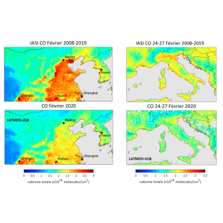 Monoxyde de carbone mesuré par la mission satellite IASI, en Chine (à gauche) et en Italie (à droite).