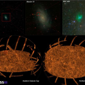 Le relevé de SDSS-III. En haut à gauche, un détail révélant la galaxie spirale M 33. En haut au centre, détail de M 33 avec ses bras spiraux et les régions d’hydrogène ionisé en bleu qui sont des zones de formation intense d’étoiles. En haut à droite, détail de l’une de ces régions HII, NGC 604. En bas à gauche, l’hémisphère sud et à droite, l’hémisphère nord. © M. Blanton, SDSS-III.[...]