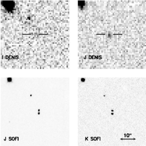 Les deux images du haut sont les images de découverte de DENIS-J055146.0-443412 avec le relevé DENIS, respectivement dans le rouge (à gauche) et dans l'infrarouge proche (à droite). Les images du bas, de meilleure résolution et plus profondes, ont été prises avec le NTT. Elles révèlent la binarité de DENIS-J055146.0-443412.

© LAOG. Denis. ESO.[...]