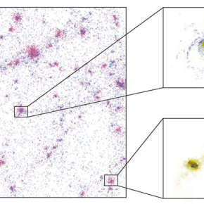 Exemple de formation de galaxies obtenue avec le modèle numérique. 

A droite deux des galaxies du modèle : celle du haut présente un disque de gaz froid, avec la formation d'étoiles au centre de la galaxie; la galaxie en bas subit une fusion avec une autre galaxie.

© LERMA. OP.[...]