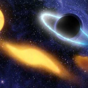Vue d'artiste illustrant le phénomène de digestion de l'étoile par le trou noir supermassif observé par le satellite GALEX (NASA-CNES).

La vue d'artiste déroule les différentes phases de l'absorption de l'étoile : d'abord, l'étoile, semblable à notre Soleil, s'aventure trop près du trou noir (à gauche), et sa propre gravité est submergée par celle du trou noir. L'étoile est alors distordue (tache jaune au centre), et finalement se brise en miettes stellaires, dont certaines tombent en spiralant dans[...]