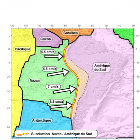 La tectonique des plaques de la région. Le trait épais rouge/jaune montre la subduction de la plaque Nazca sous la plaque Amérique du Sud ; le trait en pointillé montre la zone de déformation Andine à l'intérieur de la plaque. Les flèches montrent la direction et la vitesse de convergence déterminée par GPS.

© Géologie de l'ENS (INSU-CNRS, ENS)[...]