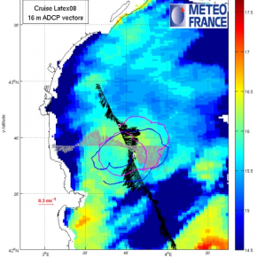 Carte donnant les températures de surface mesurées le 2 septembre, les courants horizontaux mesurés par ADCP à 16 m de profondeur le 1er (en gris) et le 5 (en noir) septembre ainsi que les trajets des bouées lagrangiennes ancrées à 15 m (cercles : positions des lâchers des bouées), lors de la campagne LATEX 2008. Ces mesures montrent la présence d’un tourbillon anticyclonique elliptique (diamètre majeur : 21,5 km et diamètre mineur : 15,5 km).<br />© LOPB/COM, A Petrenko[...]