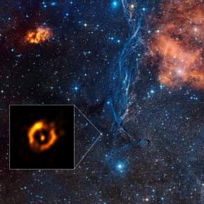 Disque de poussière autour du système double vieillissant IRAS 08544-4431. Au sein de l'encart figure l'image reconstruite du VLTI, sur laquelle l'étoile centrale brillante a été ôtée. La vue d'arrière-plan montre l'environnement de cette étoile dans la constellation des Voiles. 
Crédits: ESO/Digitized Sky Survey 2 , Davide De Martin.
[...]