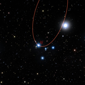 Vue d'artiste de l'étoile S2 passant à très près du trou noir super-massif situé au centre le Voie Lactée - 
L'instrument GRAVITY a été testé avec succès sur l'étoile S2 au printemps 2016. L'orbite de S2 est représentée en rouge tandis qu'une croix rouge indique l'emplacement du trou noir central. Crédit : ESO/L. Calçada[...]