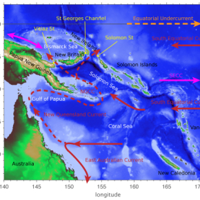 Région d’étude et schéma simplifié de la circulation océanique sur les 300 premiers mètres. © University of Washington[...]