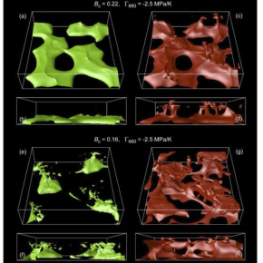 Champs de compositions (gauche) et de température (droite) pour deux modèles de convection thermochimique.
Les modèles de convection peuvent aujourd'hui incorporer les anomalies de densité d'origine chimique et tester des scénarios "thermochimiques" pour l'évolution de la Terre profonde. 
Si les contrastes de densité et de viscosité entre le manteau supérieur et le manteau inférieur sont importants (haut de la figure), la convection donne naissance à des dômes confinés dans les profondeurs du manteau[...]