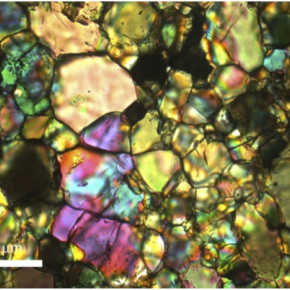 Image en microscopie optique et en lumière polarisée-analysée d'un polycristal d'olivine naturel (Mylonite d'Oman). © S. Demouchy, Montpellier.[...]