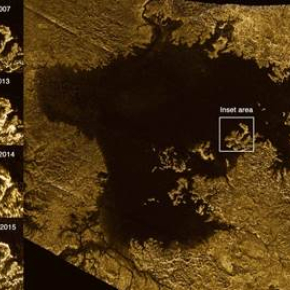Fig. 1 : Image radar de la mer Ligeia Mare qui se situe dans la région polaire nord de Titan. Sur la gauche, des images de la région indiquée par le carré « Inset area » sont reportées. Réalisées lors de « flybys » de Cassini allant d’avril 2007 à janvier 2015, ces images montrent clairement l’apparition, puis la disparition, d’une « Magic Islands » à la surface de Ligeia Mare. Crédits : NASA/JPL-Caltech/ASI/Cornell[...]