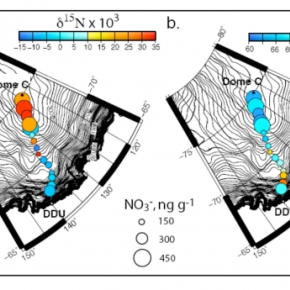 Évolution de la composition isotopique du nitrate et de l'oxygène le long de l’axe Dumont d’Urville (DDU) - Dôme C. Un changement radical du rapport 15N/14N (δ15N) du nitrate de la neige (Figure a) apparaît nettement lorsque l’on atteint le plateau continental. Ce changement de composition isotopique est directement lié aux phénomènes de perte du nitrate de la neige. © LGGE, Joël Savarino[...]