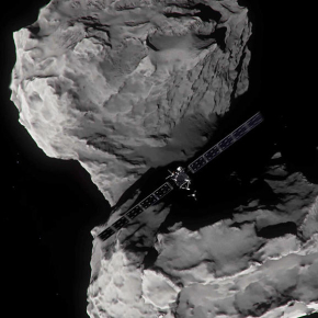 Vue d'artiste de Rosetta descendant vers la surface de la comète 67P/Churyumov-Gerasimenko le 30 Septembre 2016. Crédits : ESA/ATG medialab[...]