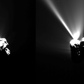 Images de la Comète 67P/C-G prises par la caméra OSIRIS, le 12 août 2015 montrant des jets de gaz. Crédits : ESA/Rosetta/MPS[...]