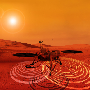 Vue d'artiste de l'atterrisseur InSight sur Mars montrant l'injection de bruit sur le sismomètre SEIS