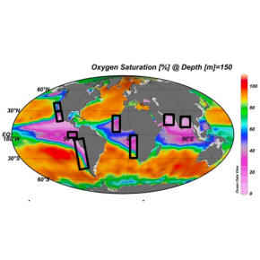 Carte mondiale du fond de saturation annuelle de l’oxygène (en %) à 150 m de profondeur.