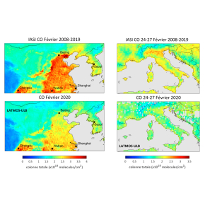 Monoxyde de carbone mesuré par la mission satellite IASI, en Chine (à gauche) et en Italie (à droite).